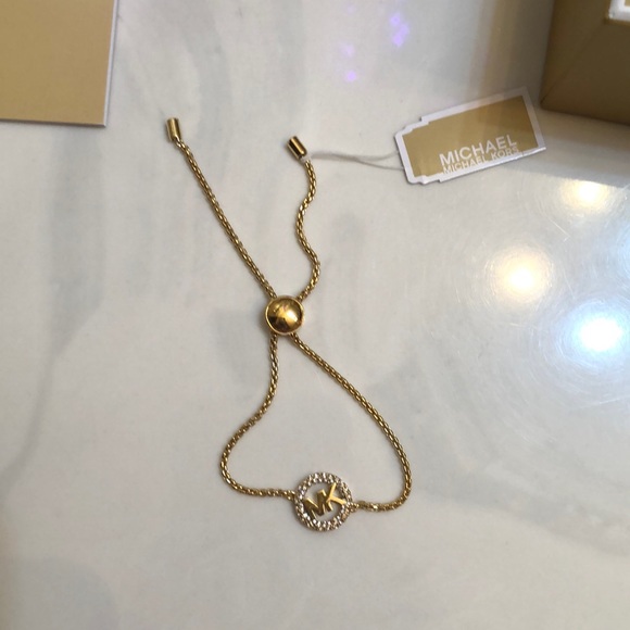 Michael Kors Gold Tone Slider Bracelet Open Frame Circle & MK Logo Crystal NWT - Picture 7 of 16